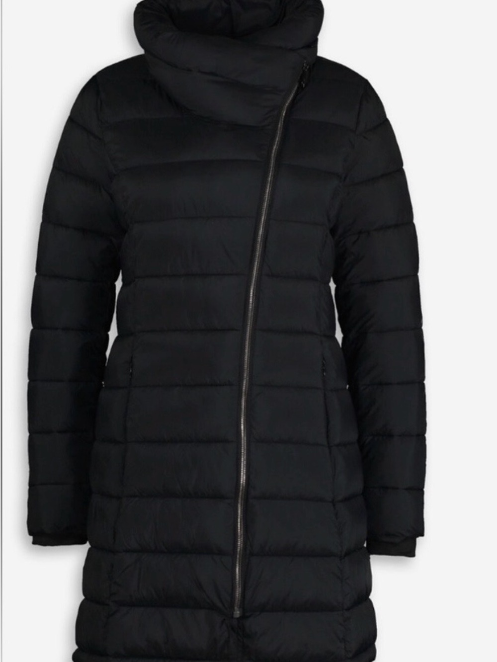 DKNY Black Long Asymmetrical Zip Puffer Coat